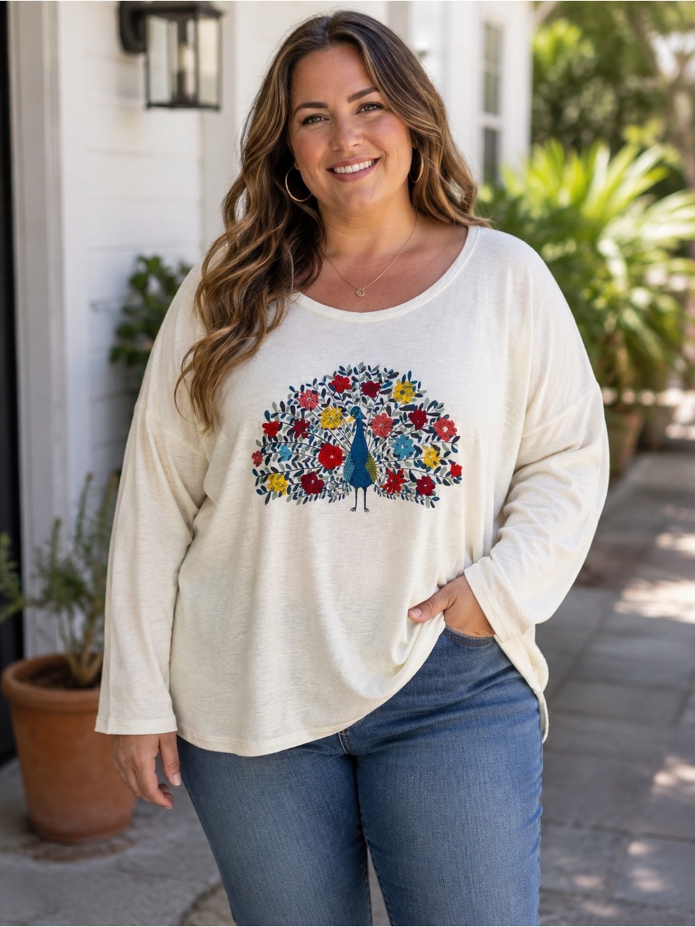 Talbots Embroidered Peacock Vibrant - Cream Size 3X
